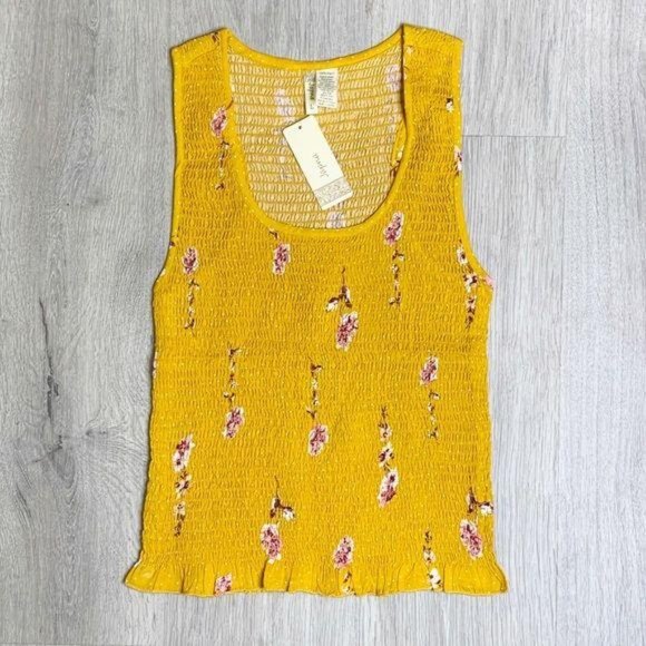 Japna Tops - Japna Smocked Yellow Cherry Blossom Print Tank Top